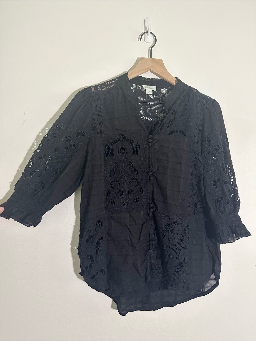 Sundance Black Crochet Lace Button-Up Blouse